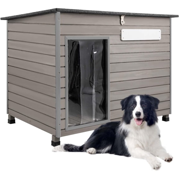 PETSCOSSET Wooden Dog House with Waterproof Asphalt Roof & Raised Feet, Openable Top Pet House, Gray