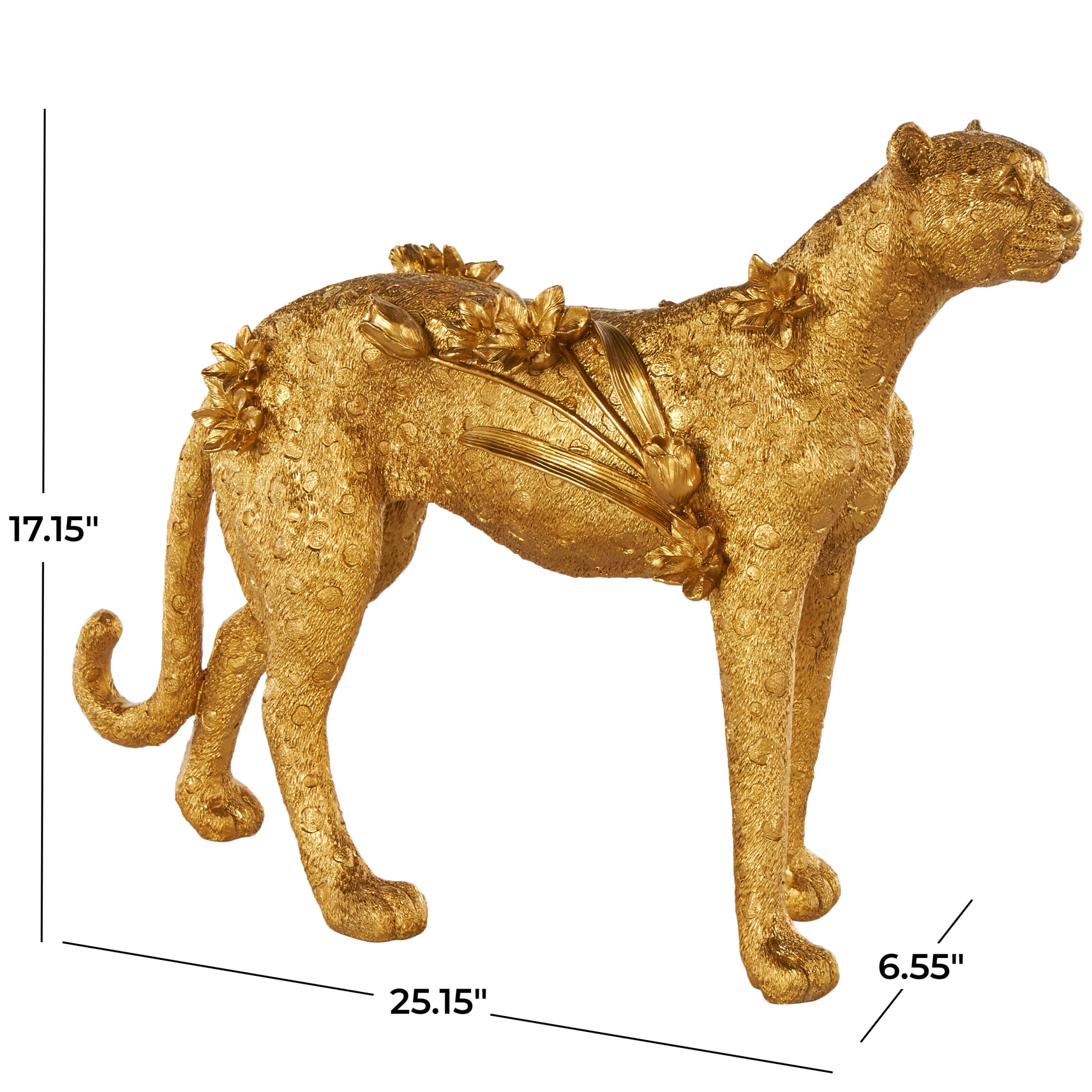 25" x 17" Gold Resin Standing Leopard Sculpture with Textured Spots and Floral Accents, by DecMode