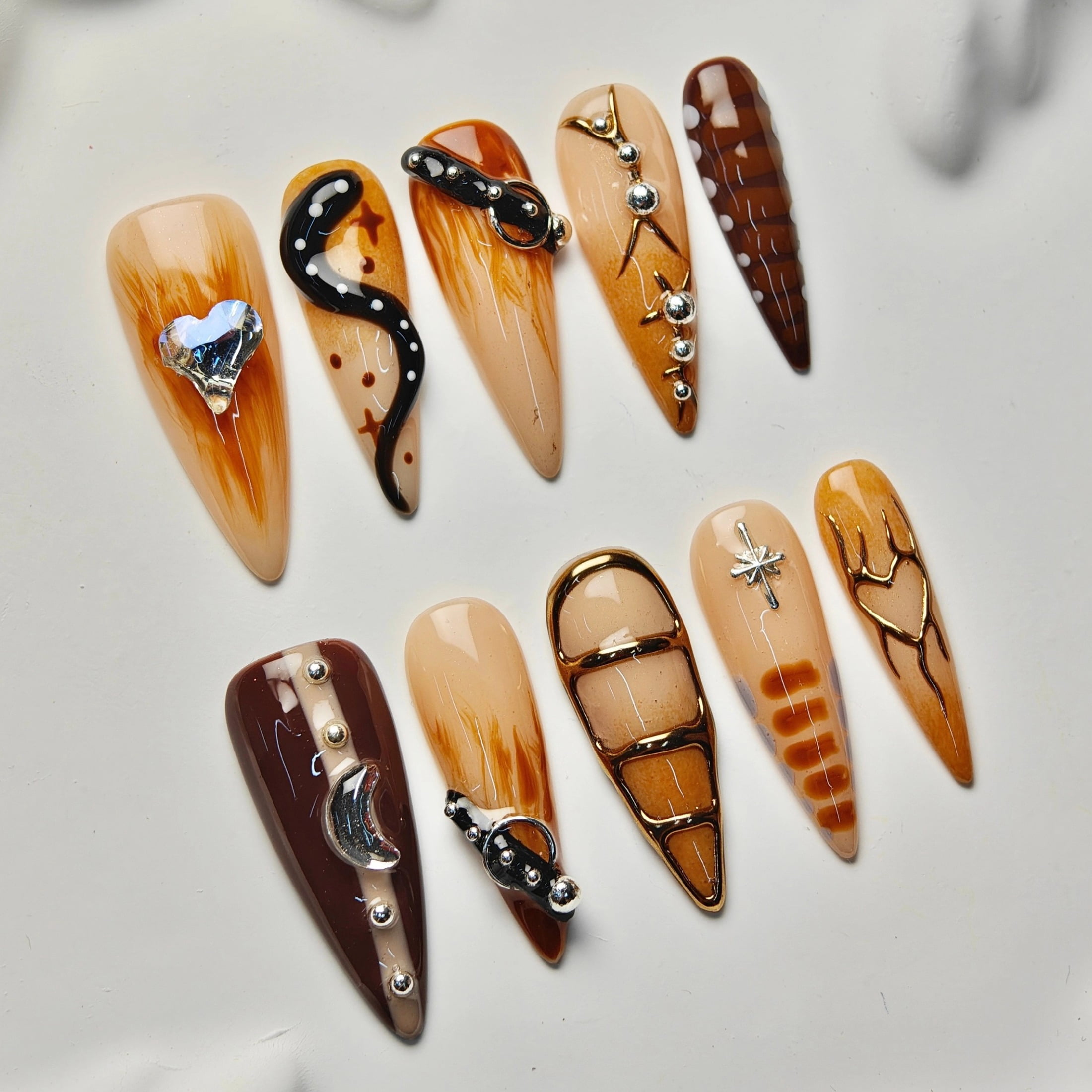 10pcs Stiletto Handmade Press On Nails, Y2K Goth Style, Brown 3D Snake Heart Star Design, Suitable For Summer Party, For Women Girls