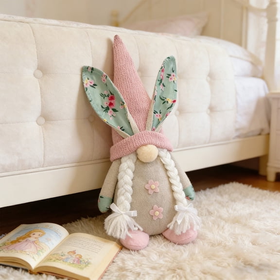 Free Express Easter Bunny Ear Plush Gnome Figurines Handcrafted Spring Decor with Knit Hat Floral Ears for Home Tabletop Mantel Decorations