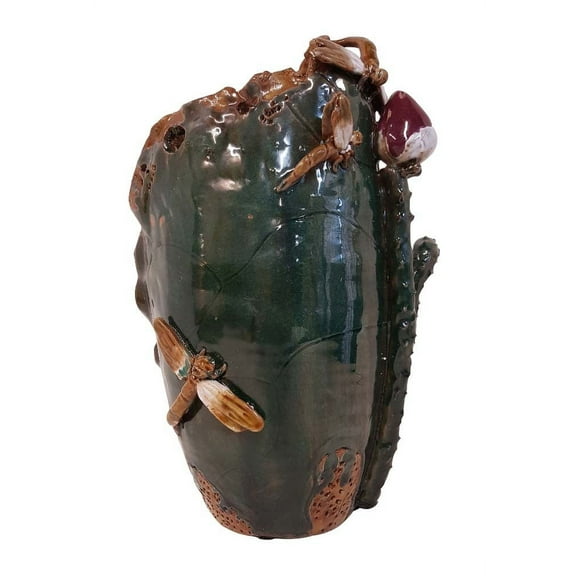 Lotus Leaf Dragon Fly Sculptured Vase 15"H - Oriental Furniture Warehouse