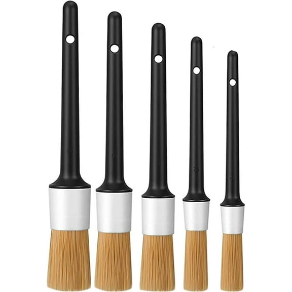 Auto Car Detailing Brush Set, Car Detailing Brushes, 5PCS Boar Hair Bristles Wet & Dry Use Automotive Detail Plastic Handle Cleaning Brushes for Clean Wheels, Tire, Interior, Exterior, Air Vents
