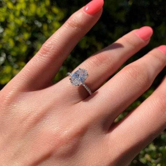 Solitaire Brilliance 2.90CT Oval Cut Moissanite Diamond Solitaire with Pave Diamond Engagement Ring for Women in 10K White Gold, Ring Size 4