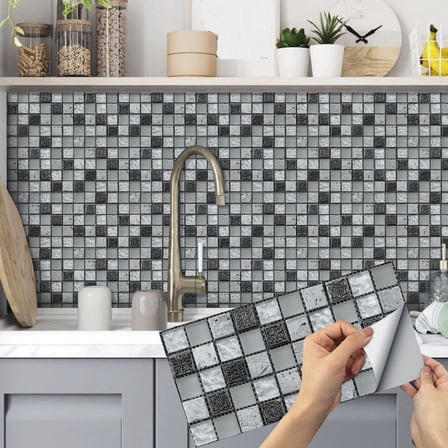 6Pcs Self Adhesive Tile Stickers 11.8x5.9inch DIY Gray Mosaic Vinyl Wall Decals Waterproof Peel and Stick Kitchen Backsplash Wallpaper