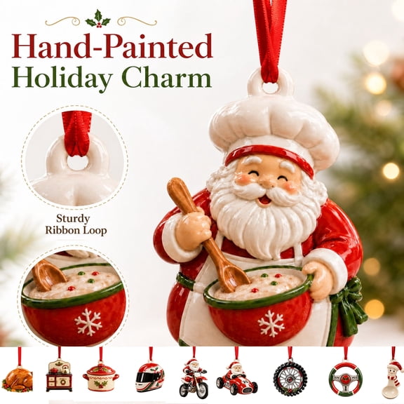 Uemqzd Chef Santa Christmas Ornament, 2D Acrylic Santa Claus Hanging Decoration with Red Ribbon, Cute Cooking Santa Tree Ornament for Holiday Xmas Party Home Decor Gift