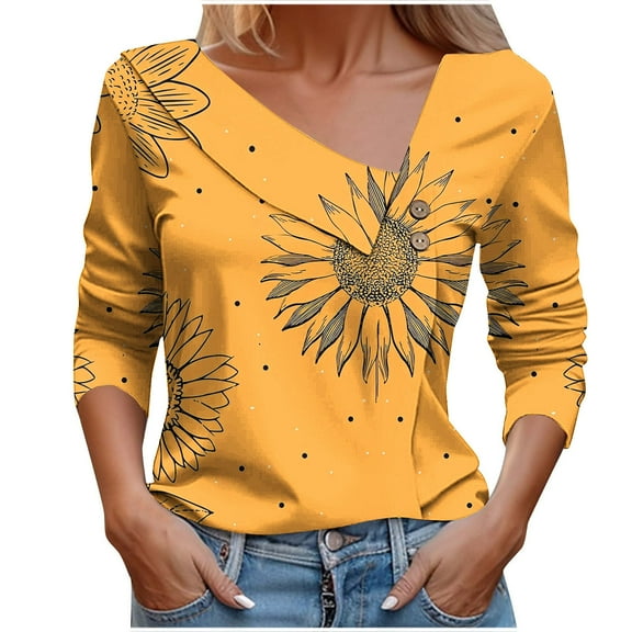 Charella Long Sleeve Shirts for Women Fashion Sunflower Printed Button V Nack Tee Dressy Casual Blouses Loose Tops (XL, Yellow)