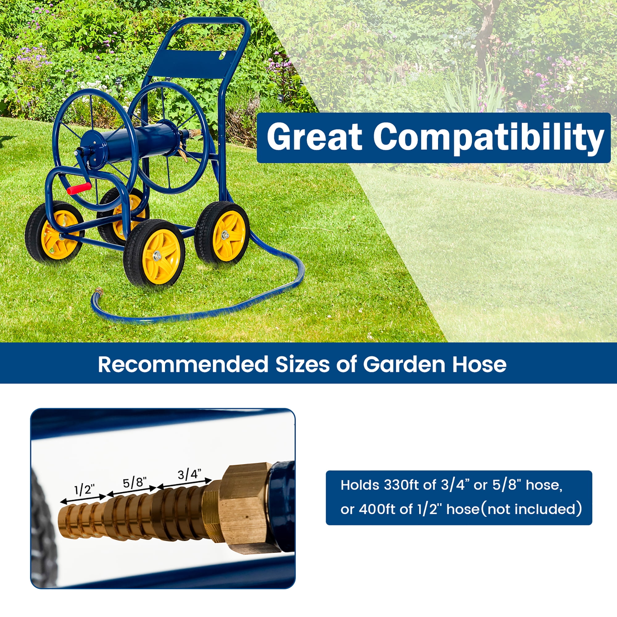 Costway Garden Hose Reel Cart Holds 330ft of 3/4"or 5/8" Hose 400ft of 1/2'' Hose Blue
