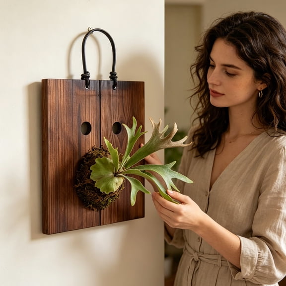 Wood Wall Decor, Indoor Wall Planter for Fern and Orchids, Wall Hanging Kit with Wood Plaque, Hanging Plant Holder for Home Vertical Displays, 8X7 Inch Complete Set Includes 6