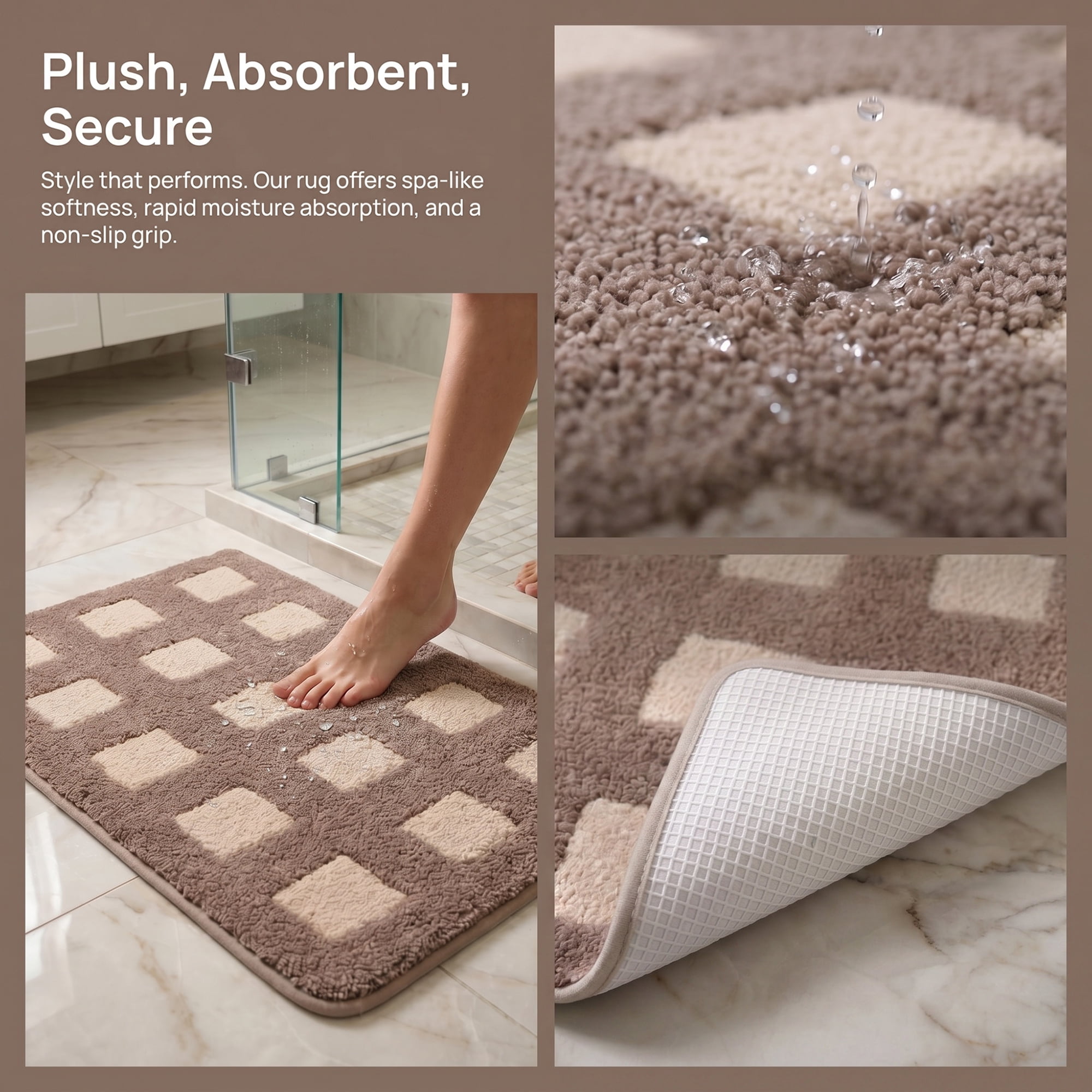 Unique Bargains Absorbent Non Slip Checkered Soft Plush Quick Dry Bath Mat Brown 24" x 16"