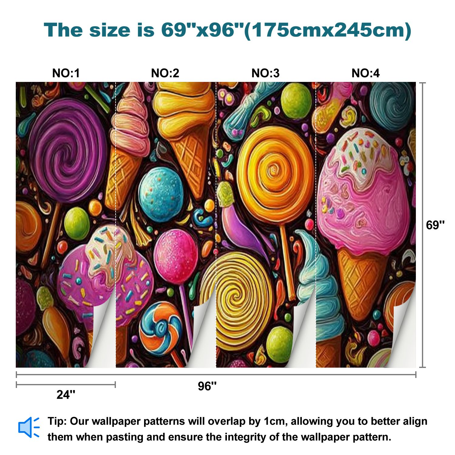 Peel and Stick Wallpaper Cartoon Hand Drawn Ice Cream Doodles Cones Cupcakes Lollipops Modern Art Wall Mural Decor Self Adhesive and Removable 69in x 98in