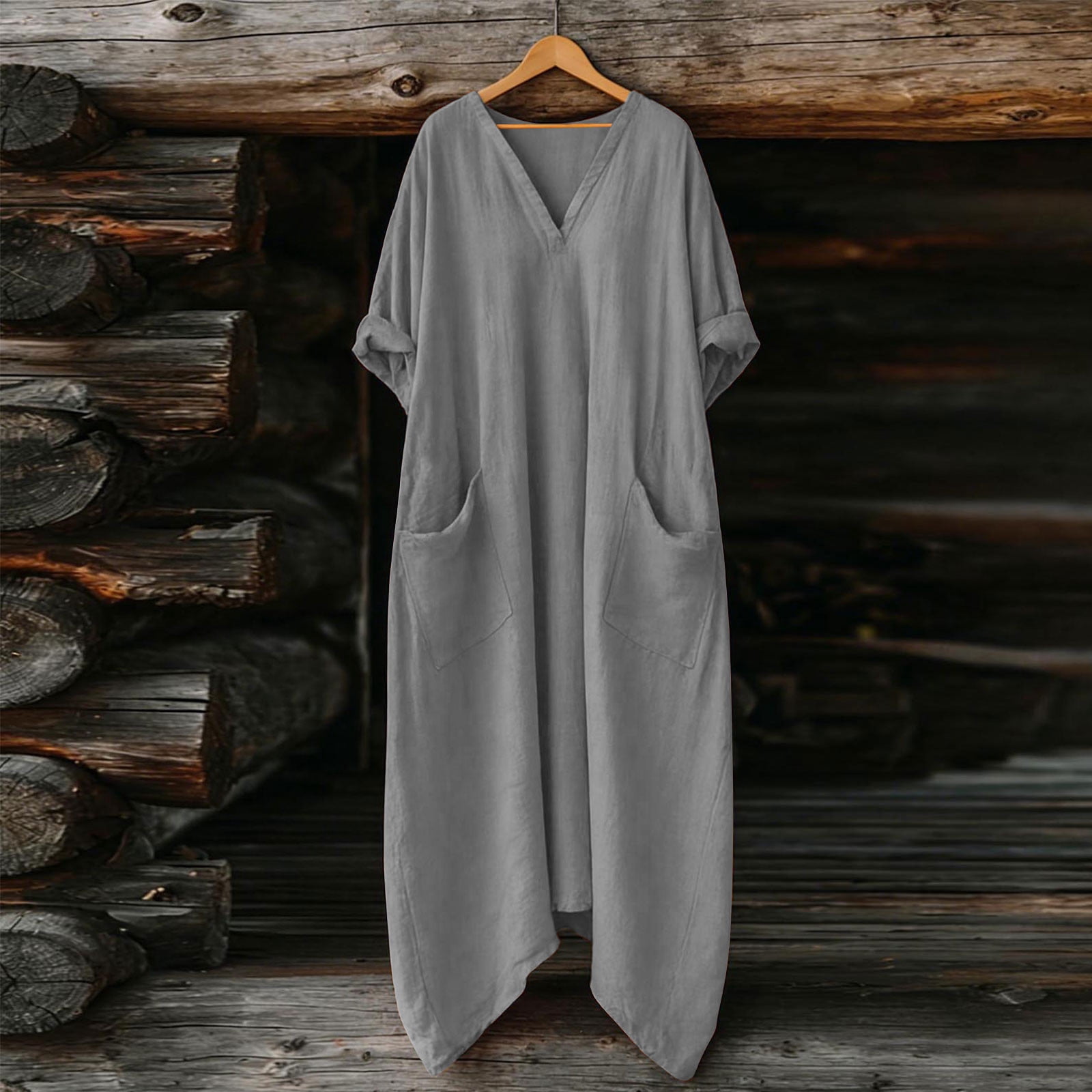 Dresses for Women, Womens Casual Loose Cotton Linen Long Shirt Dress, V-Neck Cuffed Sleeve Side Split Dresses with Pockets