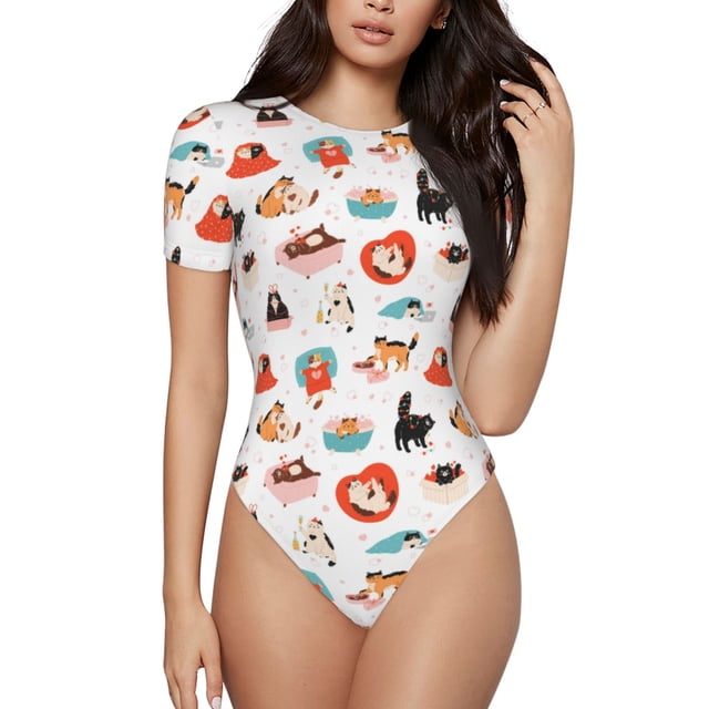 Balery funny cats celebrating Valentine's Day Body de cuello redondo de manga corta para mujer Tops de manga corta Tops básicos-X-Large