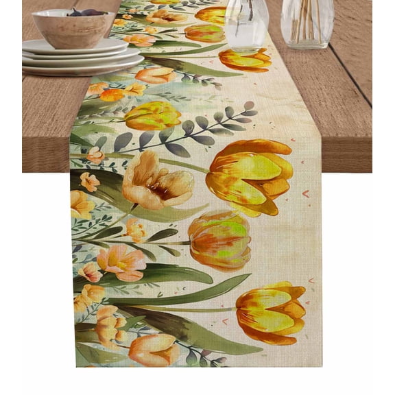 Ldtrchee Yellow Orange Spring Floral Table Runner 72 Inches, Summer Botanical Tulip Vintage Bed Runner Dresser Scarves Tabletop for Indoor Outdoor Parties/Ceremony/Banquet, 13" x 72"