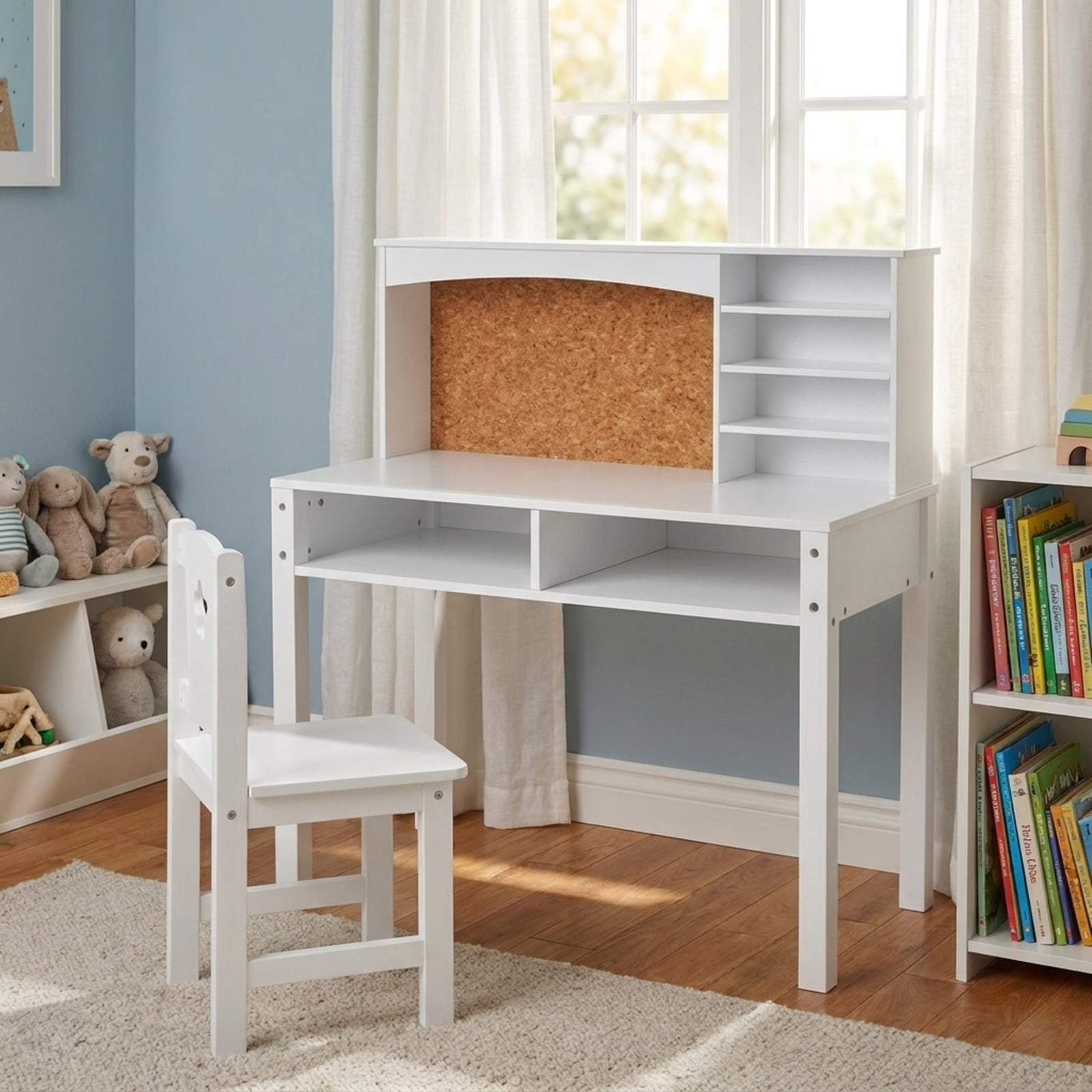 Furnibear Kids Desk and Chair Set with Hutch and Bulletin Board, Children Study Desk and Chair with Storage, Kids Writing Desk, White
