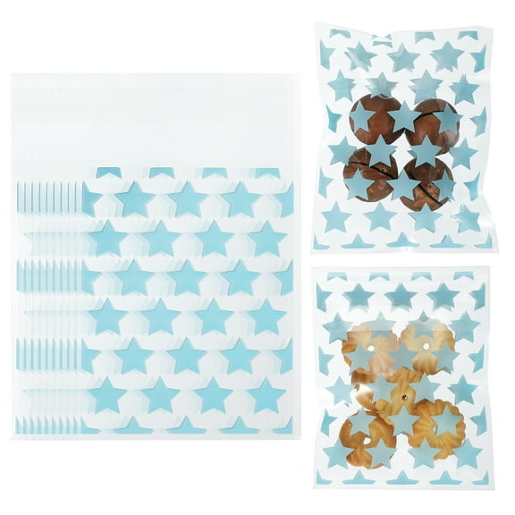 100pcs Clear Treat Bags, 4"x 3" Self-Adhesive Cookie Bags with Star Pattern for Candy Packaging, Light Blue