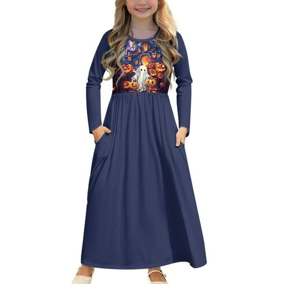 DISNIMO Halloween Ghost Pumpkin Dresses for Kids Girls Party Dresses Size 5-6 Long Sleeve Girls Fall Dress Girl Clothes Long Sleeve Girls Dresses Kids Frocks Girls Long Swing Dress