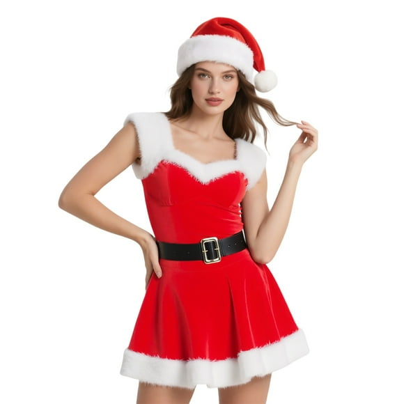 HOWPAY Christmas Costumes for Women Santa Claus Casual Swing Dress with Belt Hat Sleeveless off Shoulder Xmas Suit 3PCS Holiday Party Outfits Red XL