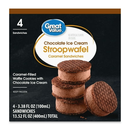 Great Value Chocolate Ice Cream Stroopwafel Caramel Sandwiches, 13.52 fl oz, 4 Count