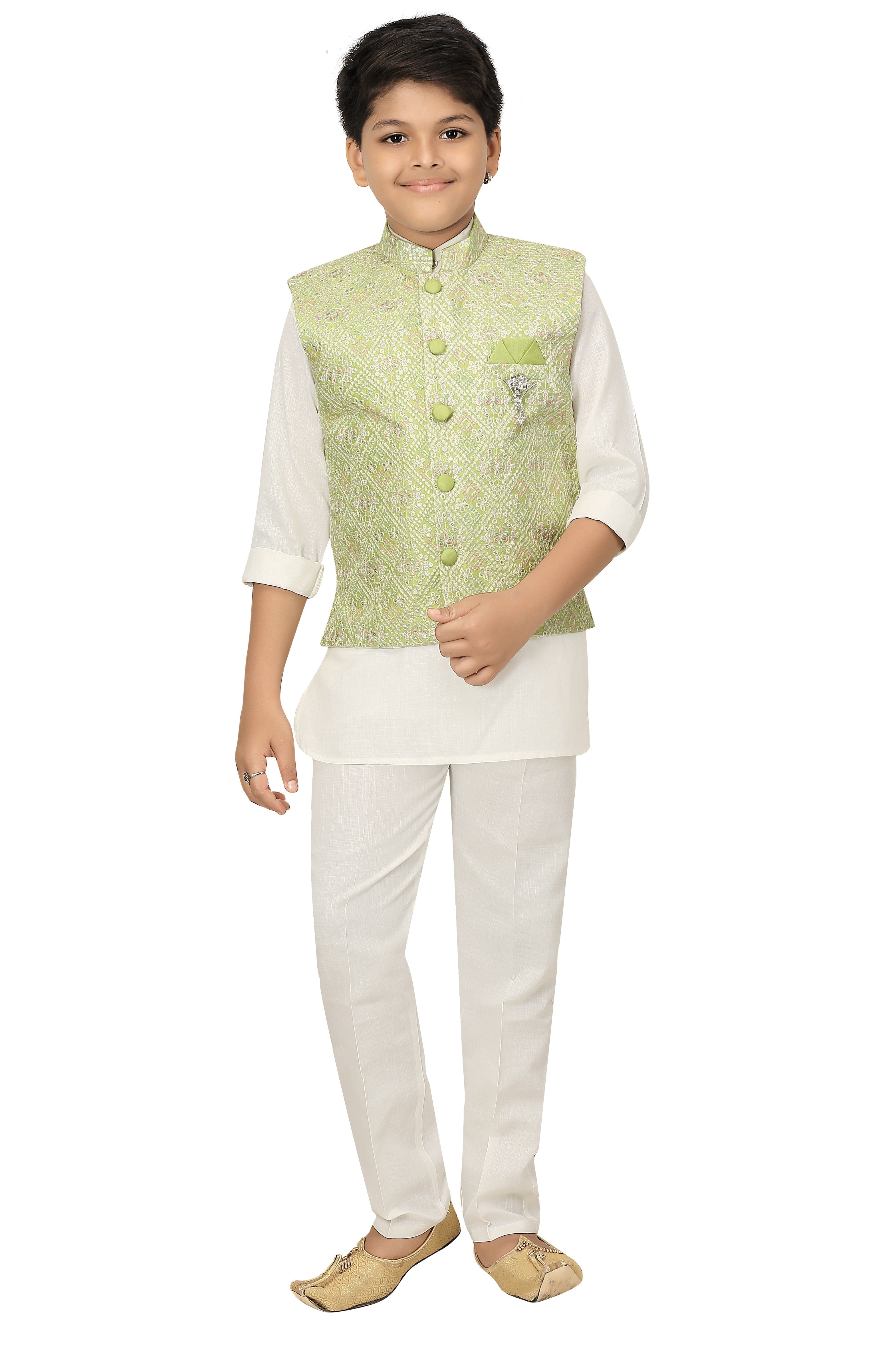 Ahhaaaa Kids Ethnic Chikan Work Waistcoat Kurta and Pajama Set For Boys