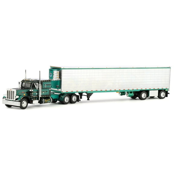 Peterbilt 359 w/ 60" Vintage Sleeper & 53' Utility Trailer with Reefer Green Metallic 1/64 Diecast Model Truck by DCP/First Gear