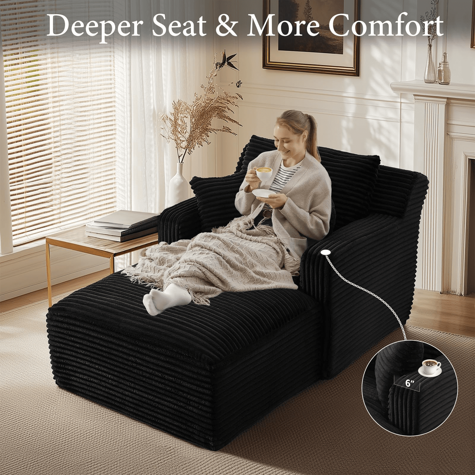 GNIXUU 65.4" Oversized Chaise Lounge Chair Indoor, Modern Corduroy Couch, Comfy Upholstered Boneless Sleeper Sofa with 3 Throw Pillows, Fluffy Reading Chairs Bed for Living Room,Black