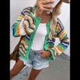 thumbnail image 4 of Cárdigan de Punto A Crochet con Rayas Multicolores para Mujer, Cuello Redondo, Mangas Acampanadas, Botones, Abrigo Estilo Suéter Y2K. Verde L, 4 of 10