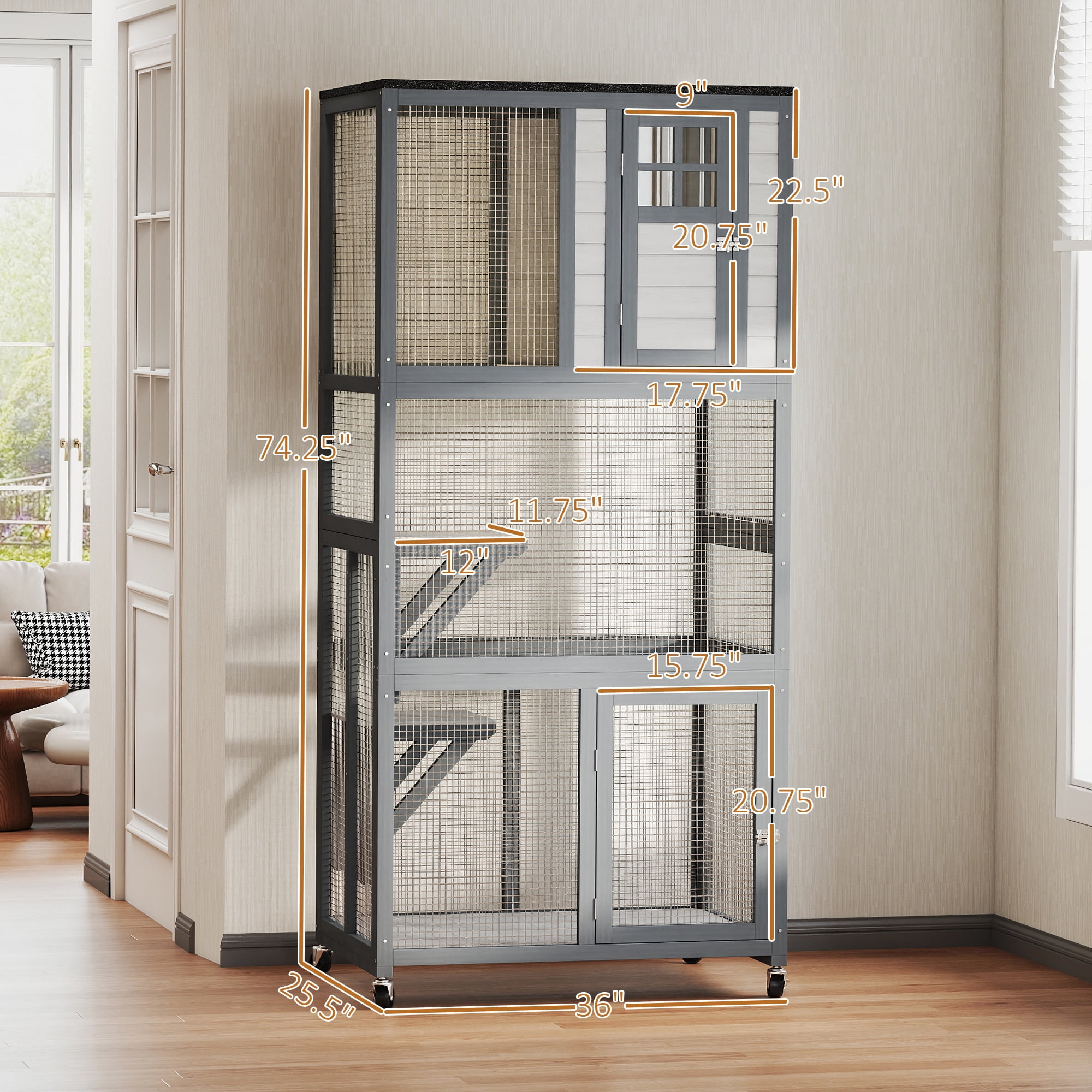 74" Wooden Catio Outdoor Cat House Weatherproof & Wheeled, Outside Cat Enclosure with High Weight Capacity, Kitten Cage Condo, Light Gray