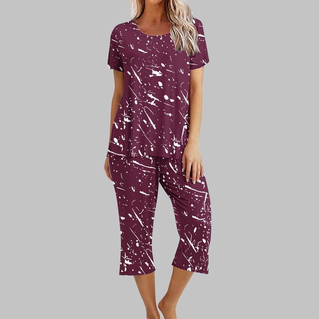 Économies d'Été Liquidation Iumwxz Pyjamas Décontractés Fluides Tenues Grande Taille Tenues d'Été Mode Graphique Col Rond Manches Courtes Taille Élastique Pantalons Raccourcis Ensembles Assortis pour Fête Dames