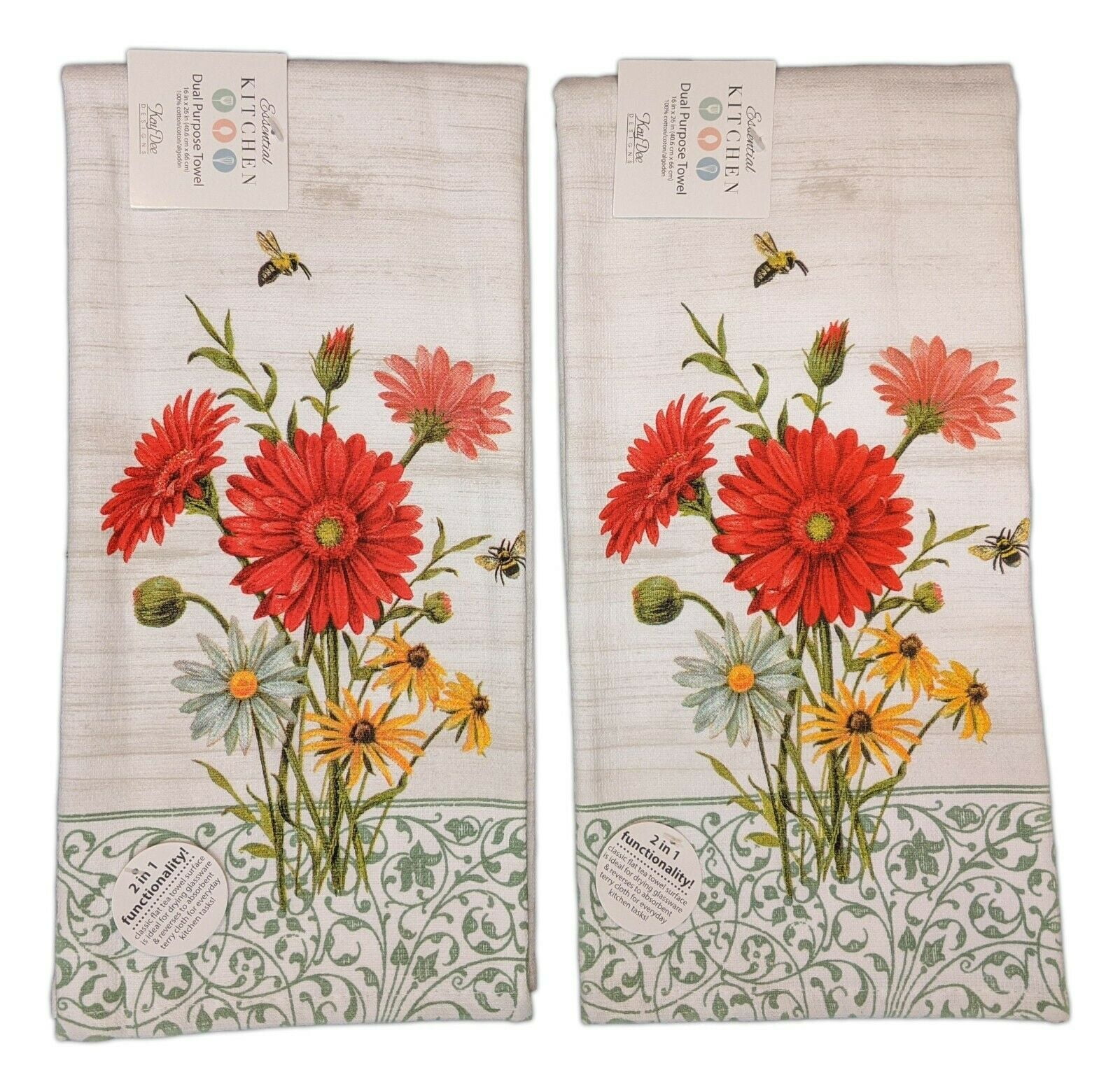 Kitchen Towels Set Of 2 dish hand Bright Yellow Gold & Black Flowers on  white