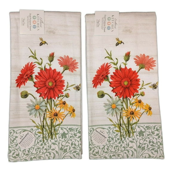 Set of 2 FLORAL BUZZ Flowers & Honey Bee Terry Kitchen Towels by Kay Dee Designs
