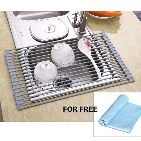 Over the Sink Dish Drying Rack, Foldable Gray Kitchen Drying Mat, Cloth Included by