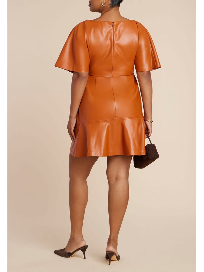leather mini dress plus size ELOQUII Women's Plus Size Drapey Faux Leather Mini Dress