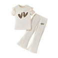 thumbnail image 4 of Pandaie 2-8Y Girl's 2 Piece Outfit Ruffle Short Sleeve Shirt Tops Bell Bottom Flared Wide Leg Sweatpants Summer Clothing Set Beige 100(2-3 Years), 4 of 5