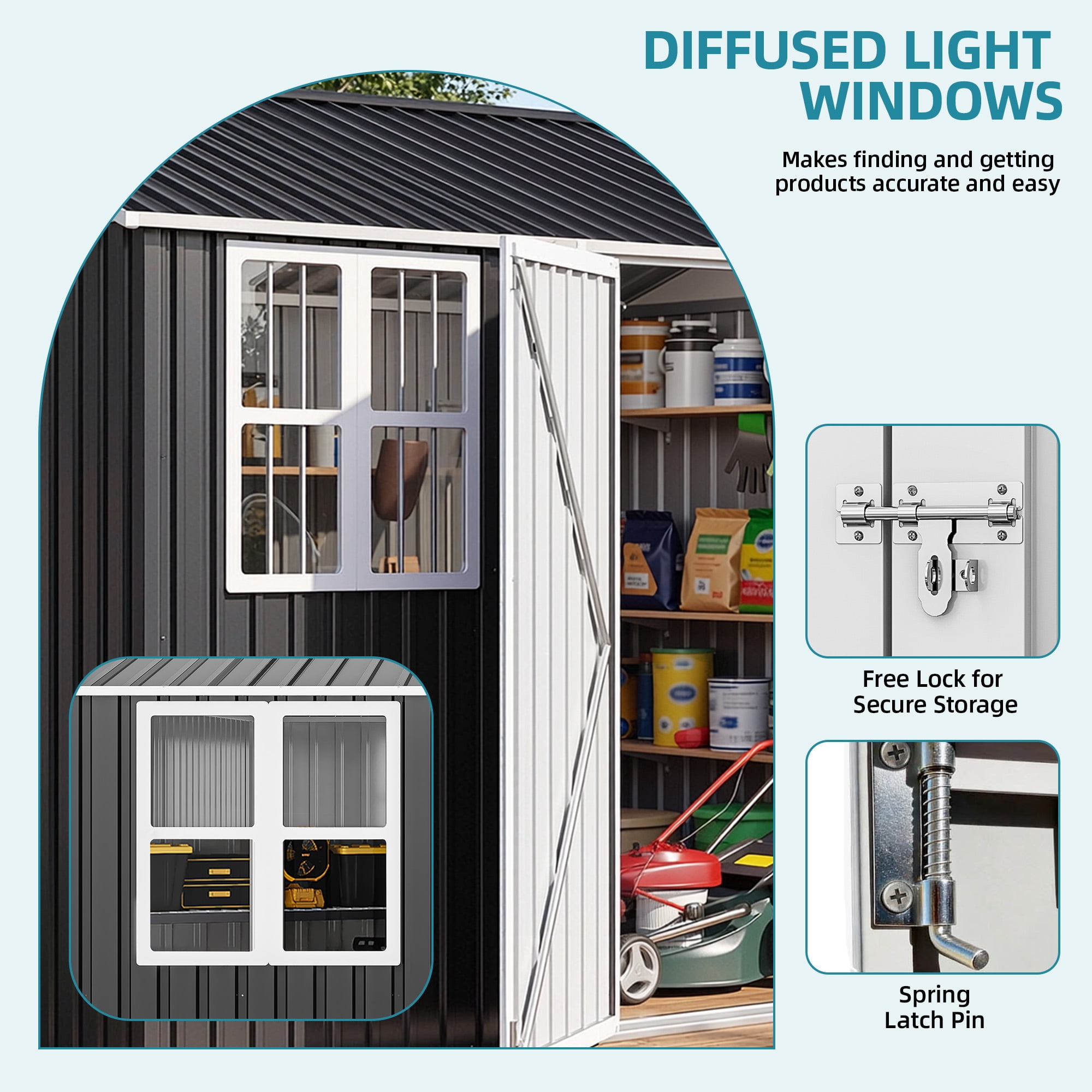 Uforic Metal Outdoor Storage Shed, 10x10ft Steel Tool Shed with Window, Lockable Door and Sloped Roof, for Backyard Patio Garage Lawn, Gray and White