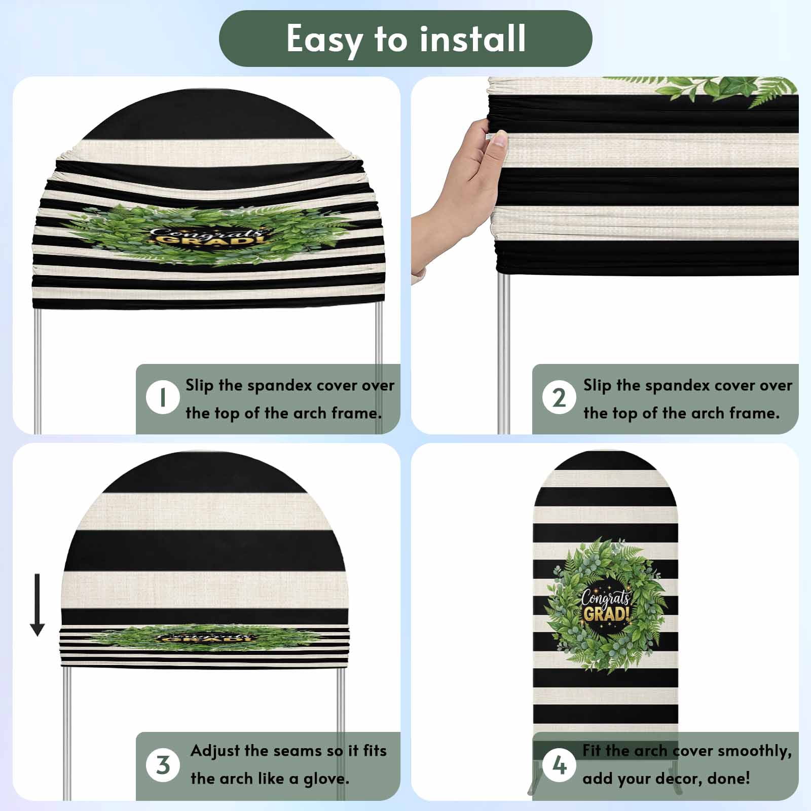 Graduate Season Arch Backdrop Cover 5 FT Congrats Grad Bachelor's Cap Leaf Wreath Black Stripes Stretchy Arch Stand Covers Spandex Arched Background Birthday Wedding Party Decoration (No Stand)