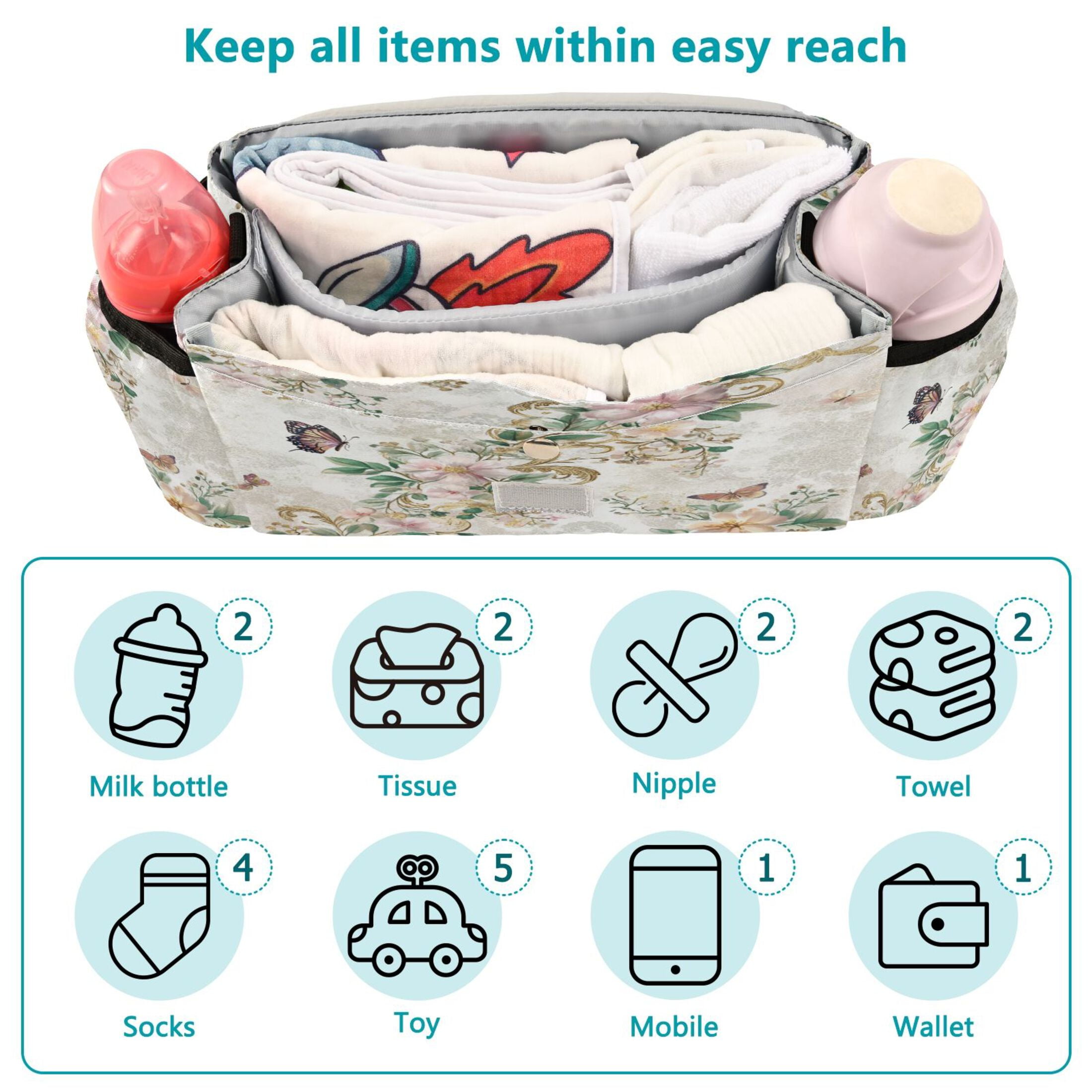 DIXRUYEE Stroller Organizer Soft Blossom Elegance Printed