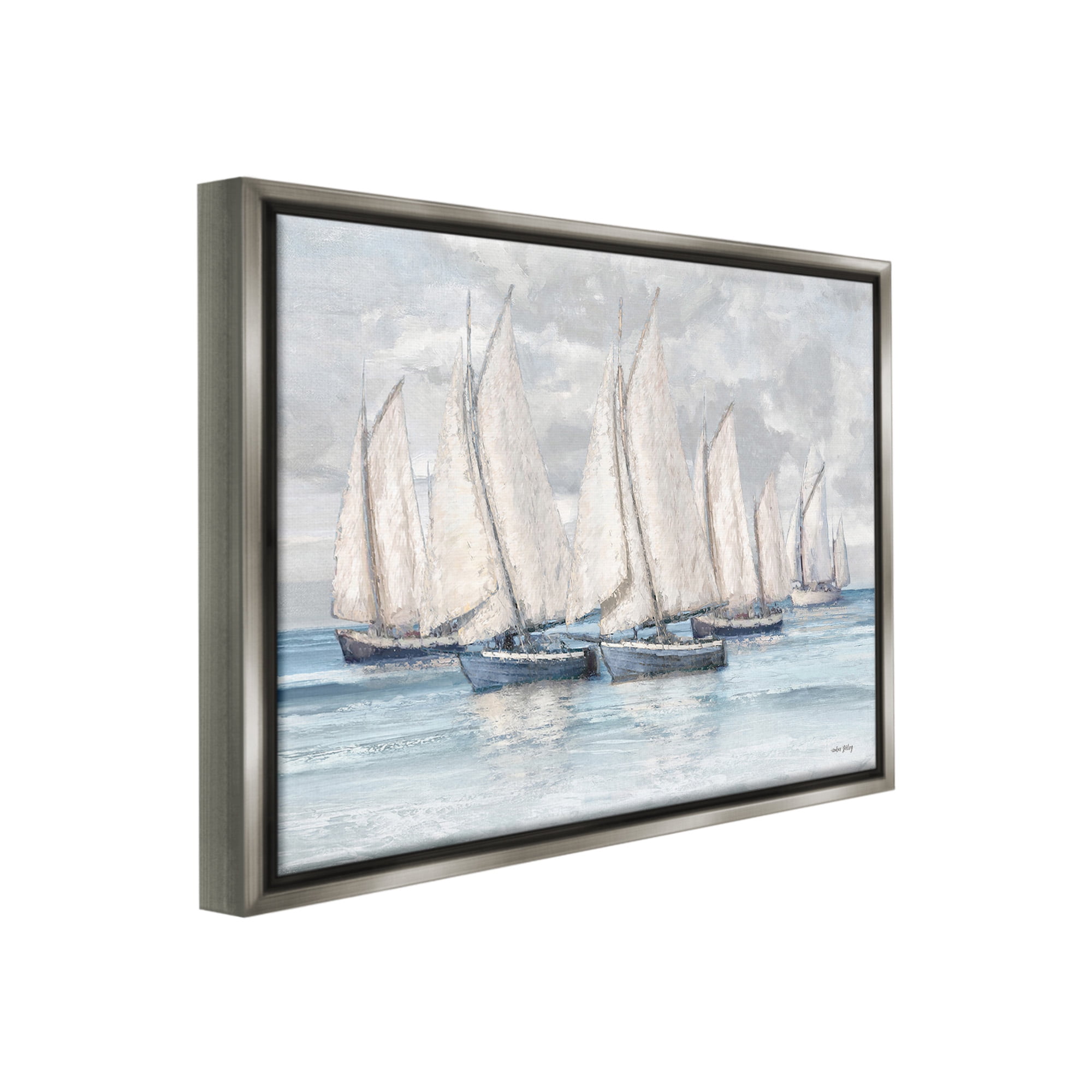Stupell Industries Cloudy Sailboat Fleet Transportation Painting Gray Floater Framed Canvas Art Print Wall Art, 21 x 17