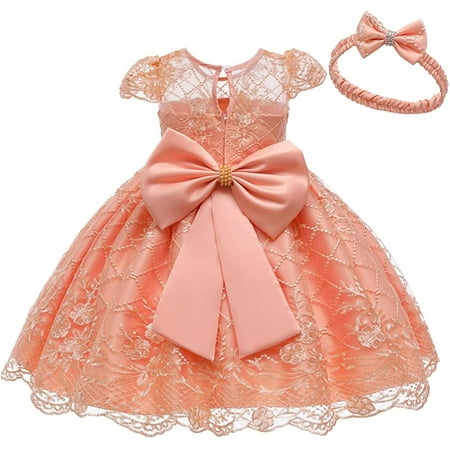 

QWZNDZGR Baby Girls Birthday Wedding Party Dresses w/Headwear Princess Embroidery Bowknot Dress Christening Baptism Tutu Gown