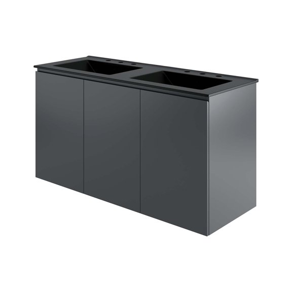 Double Sink Vanity Cabinet, Wall Mount, Grey Gray Black, Ceramic, Melamine, Modern Contemporary, Hotel Bedroom Bathroom Master Suite Guest