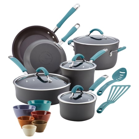 Rachael Ray Cucina Hard-Anodized Nonstick Cookware and Prep Bowl Set  18-Piece  Gray with Blue Handles