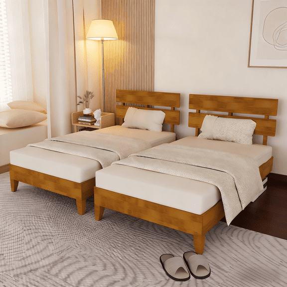 Ktaxon Twin Size Set of 2 Bed Frame with Double Slat Headboard,Solid Wooden Platform Bed, No Box Spring Needed, Easy Assembly, Brown