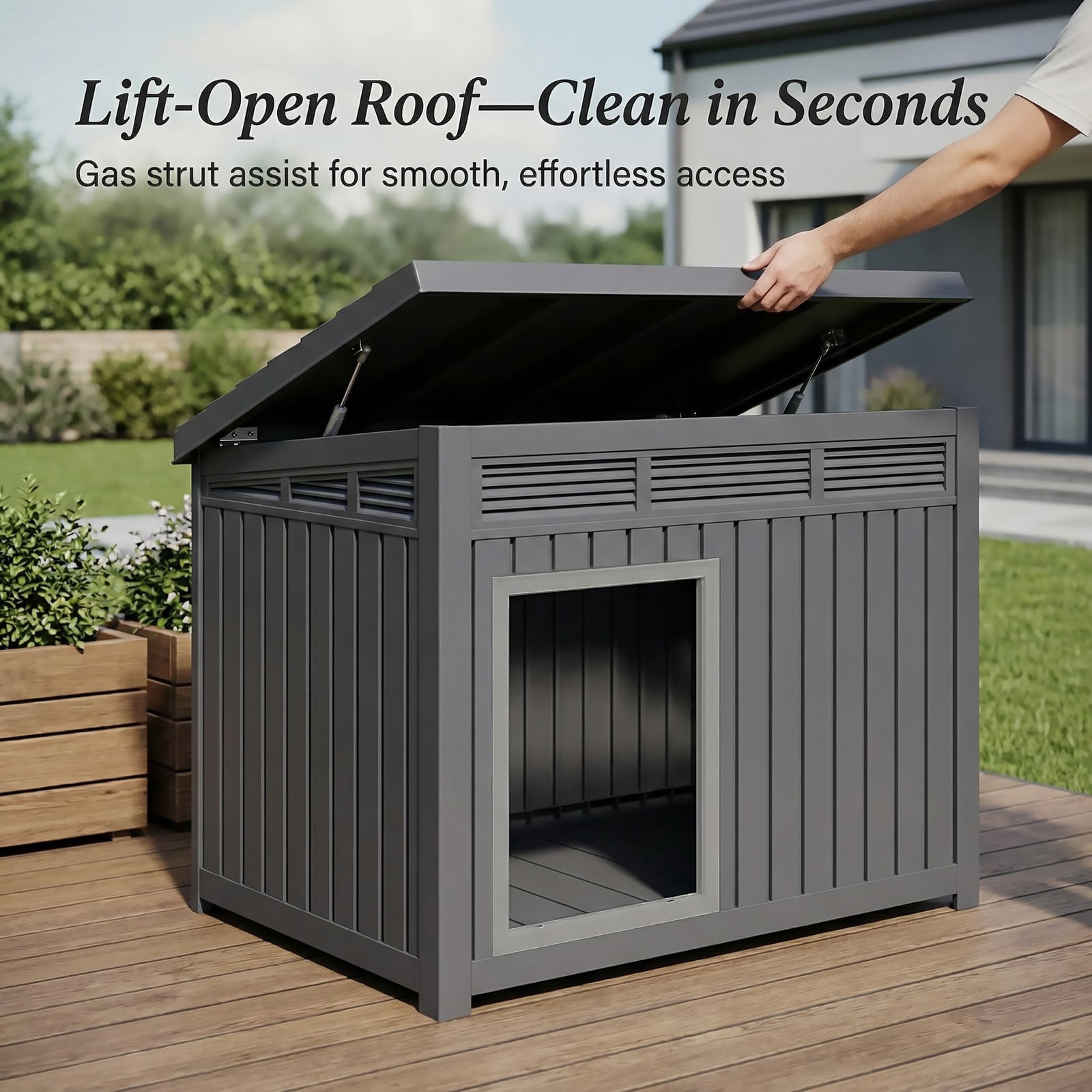 Large Dog House for Indoor and Outdoor Use Weatherproof Roof Removable Floor Spacious Kennel for Medium to Large Dogs with Ventilation and Easy Clean Top Black