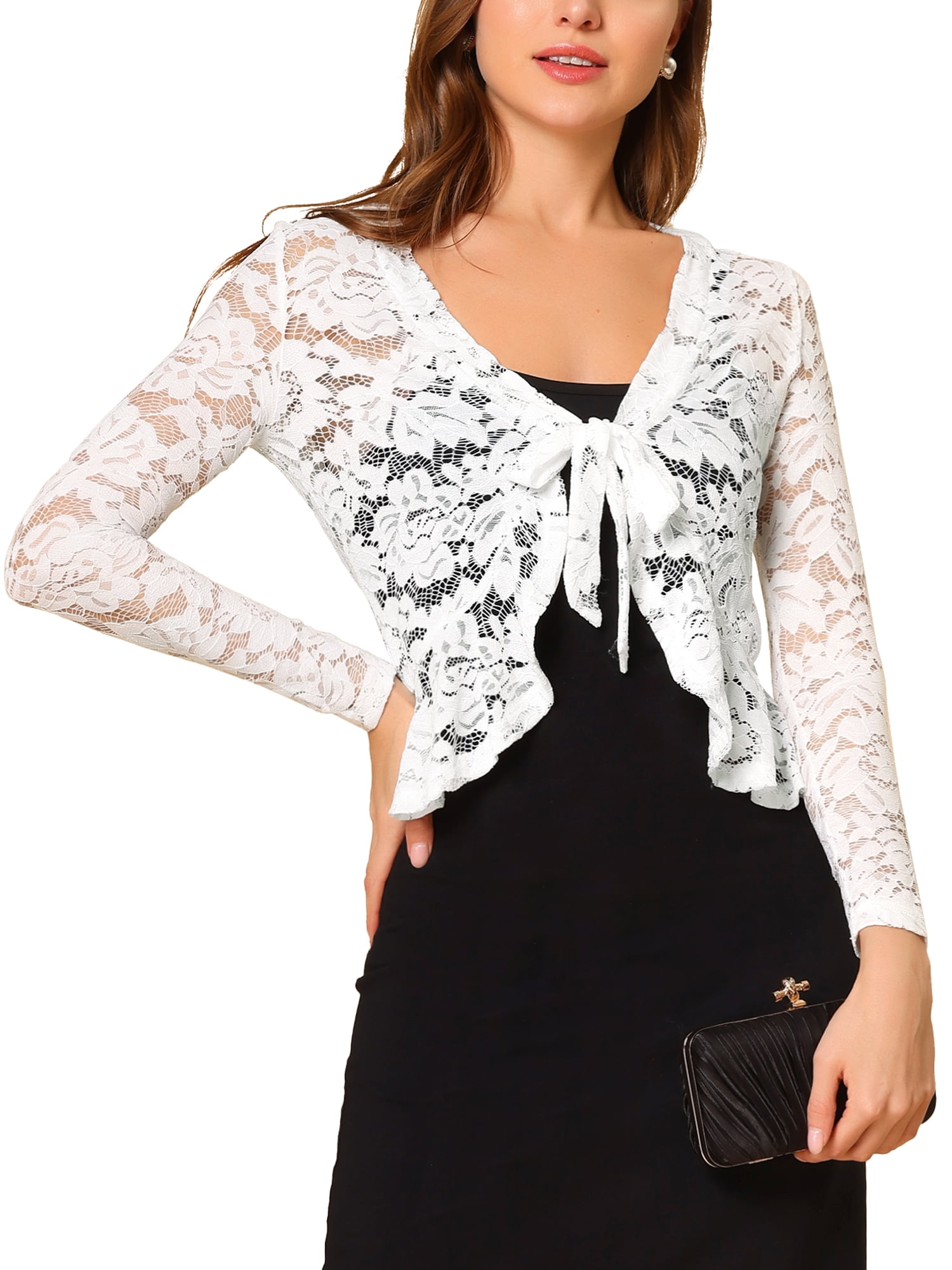 DARING DIVA Women's Ruffled Hem Floral Lace Crop Shrug Cardigan M White