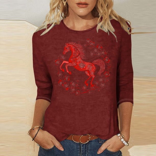 TaTaai Ladies 2026 New Year Festival Print 3/4 Sleeve Round Neck Blouse Casual Top Holiday Celebration Party Attire Gift