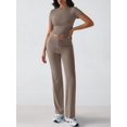 thumbnail image 4 of Women'S 2 Piece Lounge Sets Short Sleeve Tops Fold-over Flare Pants Casual Outfits Matching Set Camel Color L, 4 of 6
