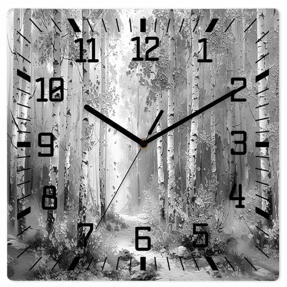 Grey Wooden Wall Clock Silent Non Ticking, Modern Oil Painting Art Forest Square Wall Clocks Battery Operated, Decor Clock for Home Office, Living Room, Kitchen, 10 Inch