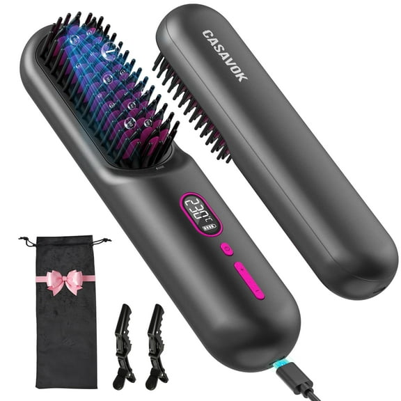 Cordless Hair Straightener Brush with 200 Million Anion, Portable Comb for Travel with LCD Display, 2 Clips - Pink