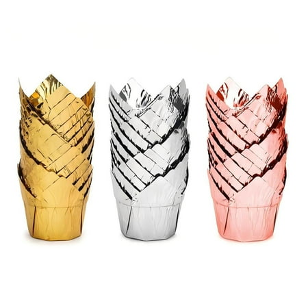 Bakexcel 50pcs Rose Gold Foil Tulip Cupcake Muffin Liners, Aluminum Foil Tulip Cupcake baking Cups.