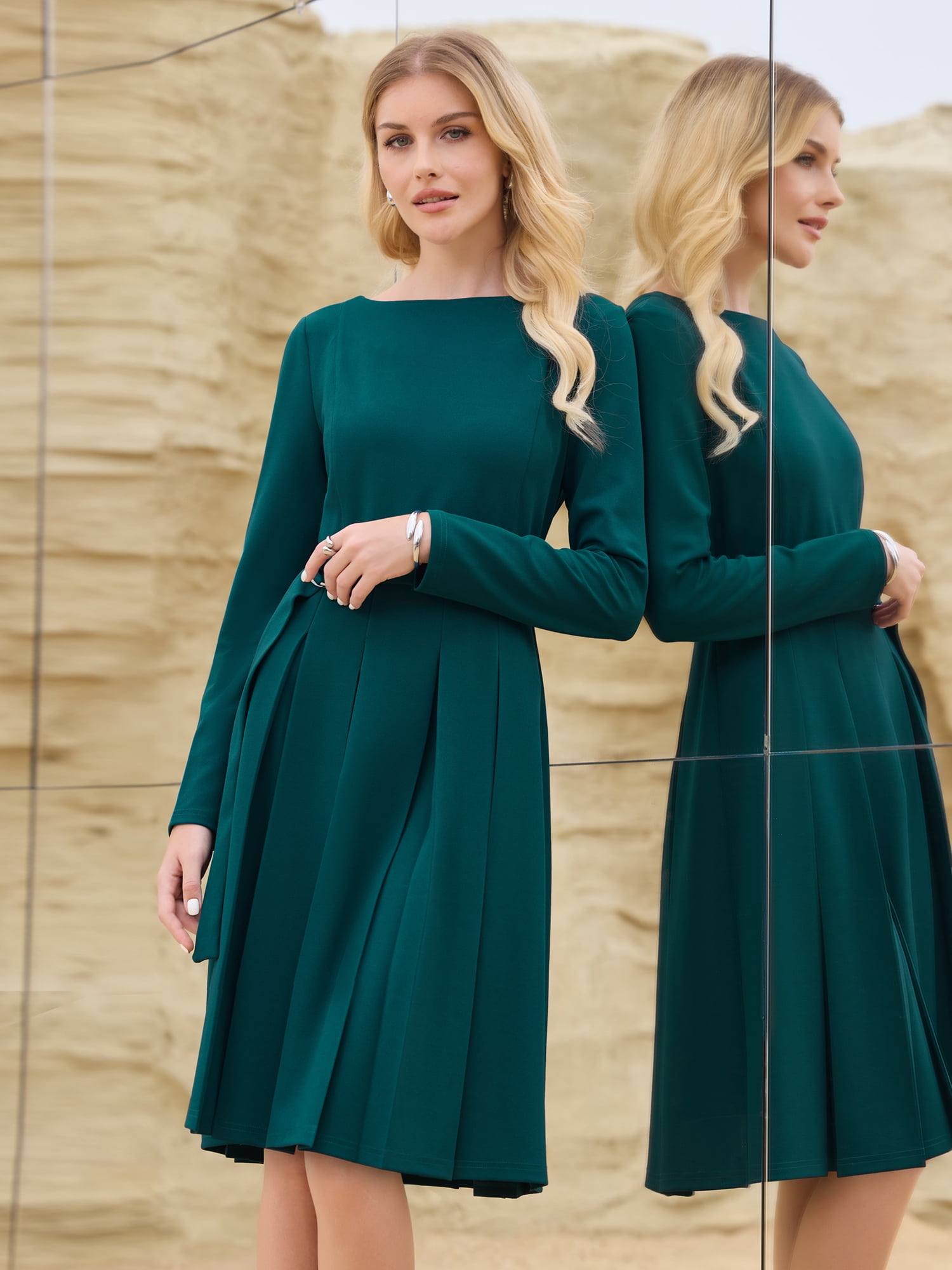 DARING DIVA Long Sleeve Pleated Crew Neck Belted A-Line Dress XL Blue Green