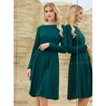 thumbnail image 2 of DARING DIVA Long Sleeve Pleated Crew Neck Belted A-Line Dress L Blue Green, 2 of 6